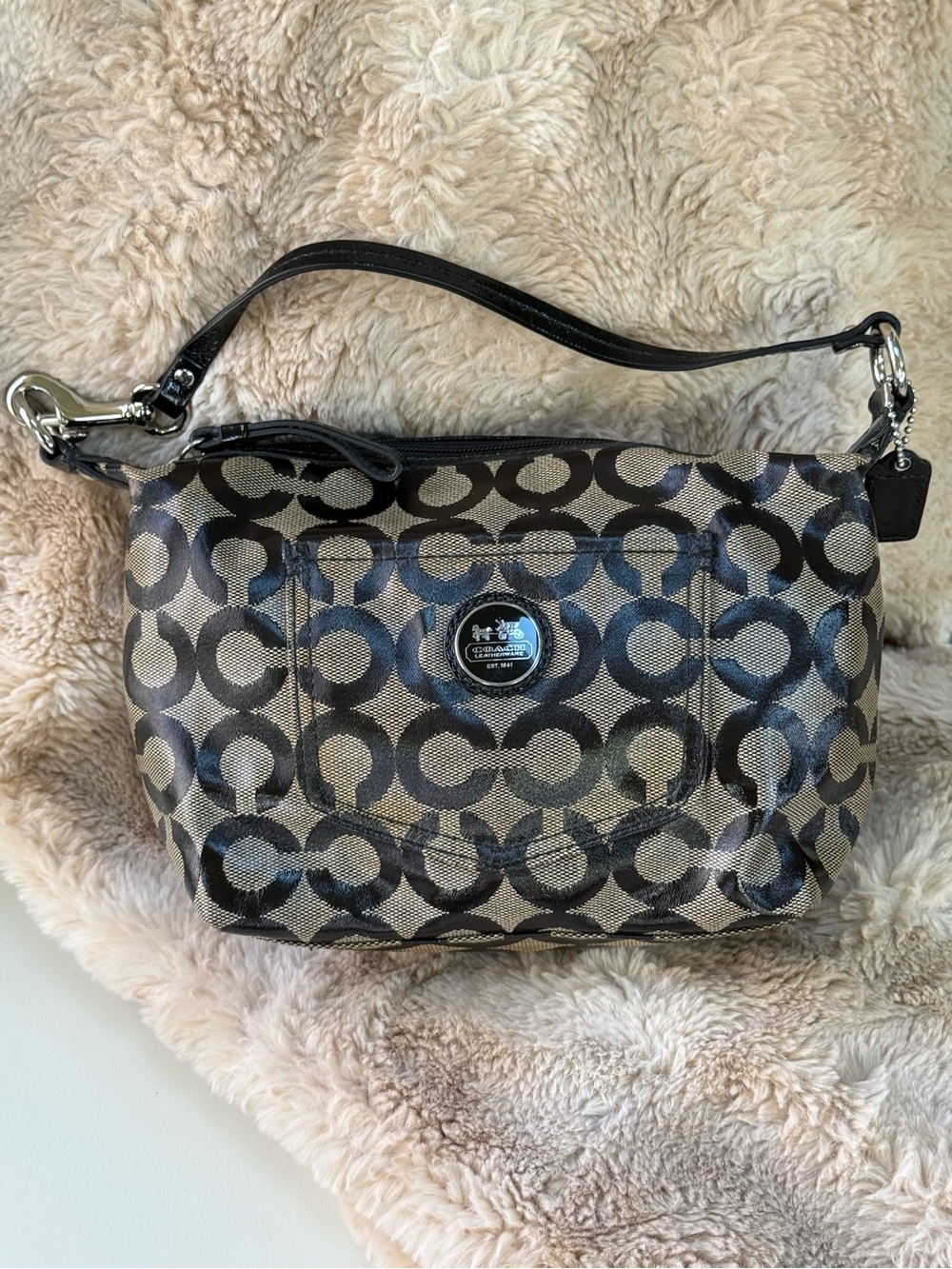 Coach Monogram Canvas Shoulder Bag in Black and Tan